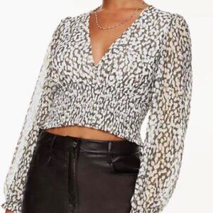 Aritzia Wilfred Sheer Crop Long Sleeve Blouse Large Cream Brown V- Neck Ruched